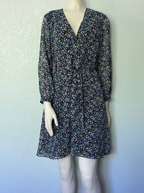 Floral Tie Waist Sheer Sleeve Mini Navy Green Dress Size 2 Banana Republic